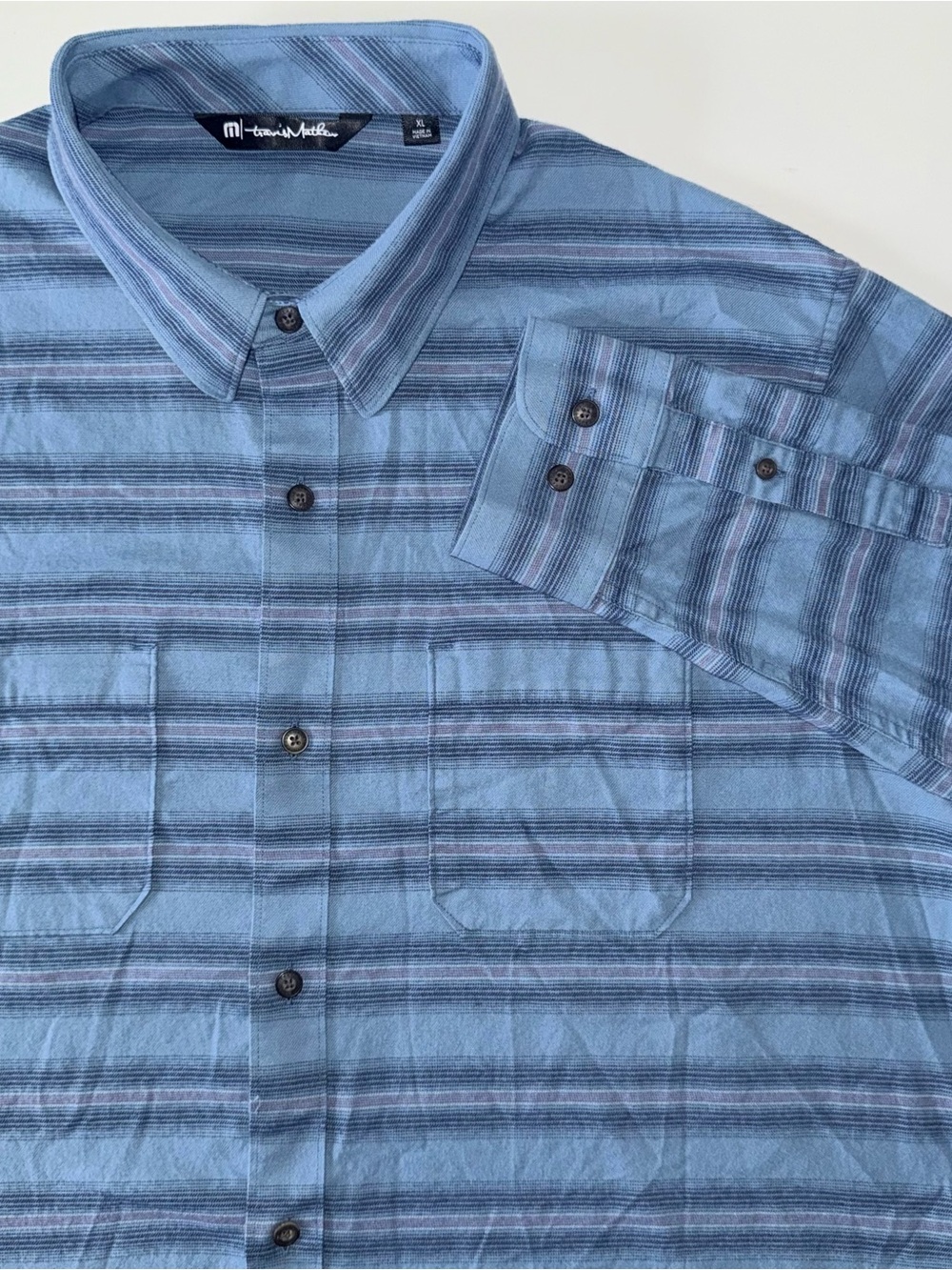 TravisMathew Button Down Shirt Men's XL Blue Striped Long Sleeve Stretch